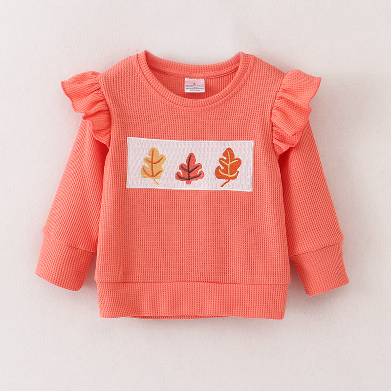 (In Stock E19-2-1)Girls Leaf Embroidery Waffle Top