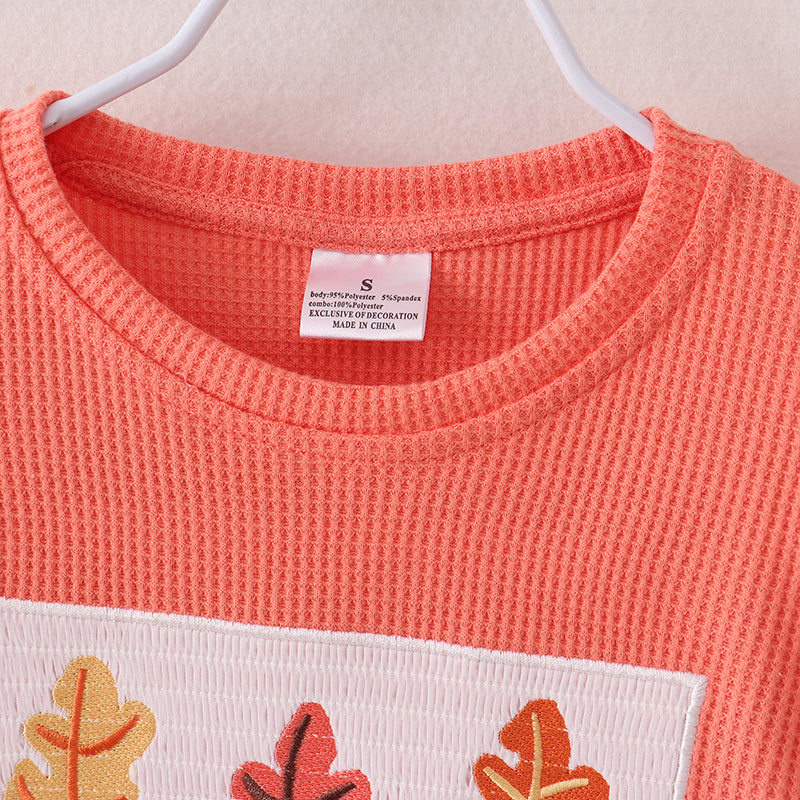 (In Stock E19-2-1)Girls Leaf Embroidery Waffle Top