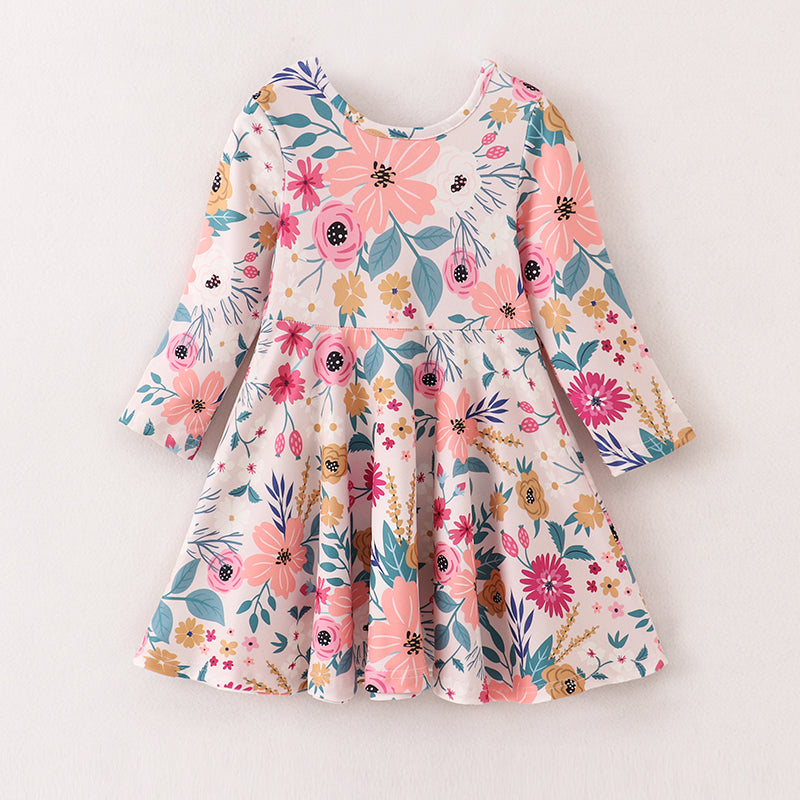 (In Stock G27-04-01  E32-2-2)Fall Winter Girls Floral Print Milk Silk Twirl Dress