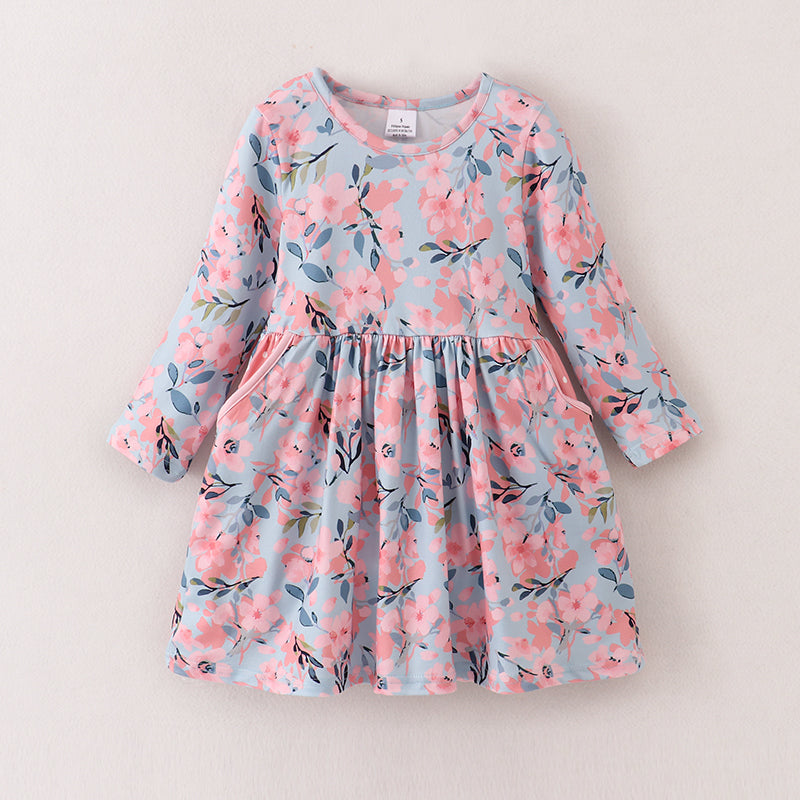 (In Stock E04-04-01   G08-01-02)Girls Fall Floral Print Pocket Dress