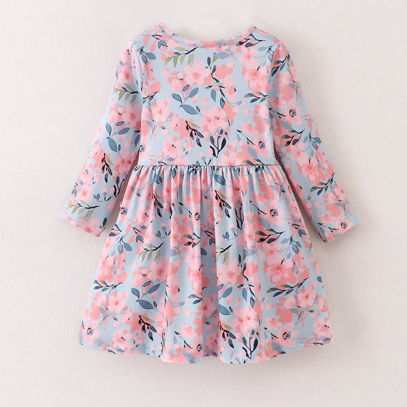 (In Stock E04-04-01   G08-01-02)Girls Fall Floral Print Pocket Dress