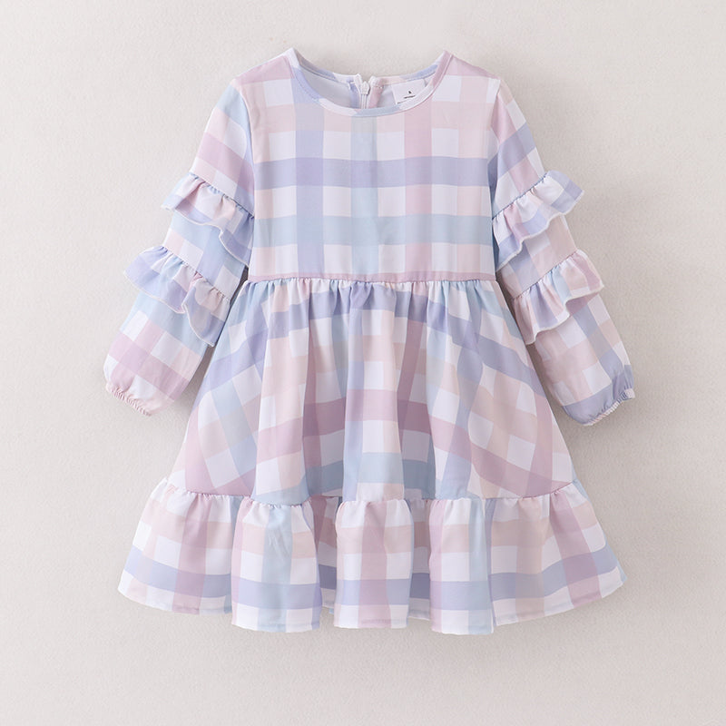 (In Stock E32-2-1)Fall Girls Color Plaid Ruffles Chiffon Dress