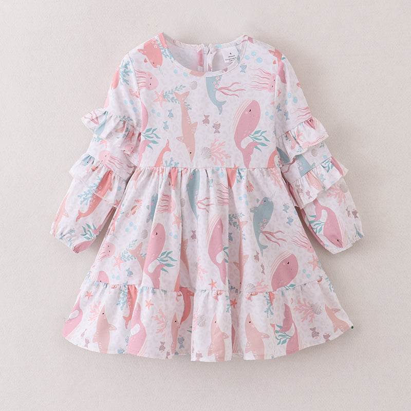 (In Stock E21-1-3)Fall Girls Color Sea World Ruffles Chiffon Dress