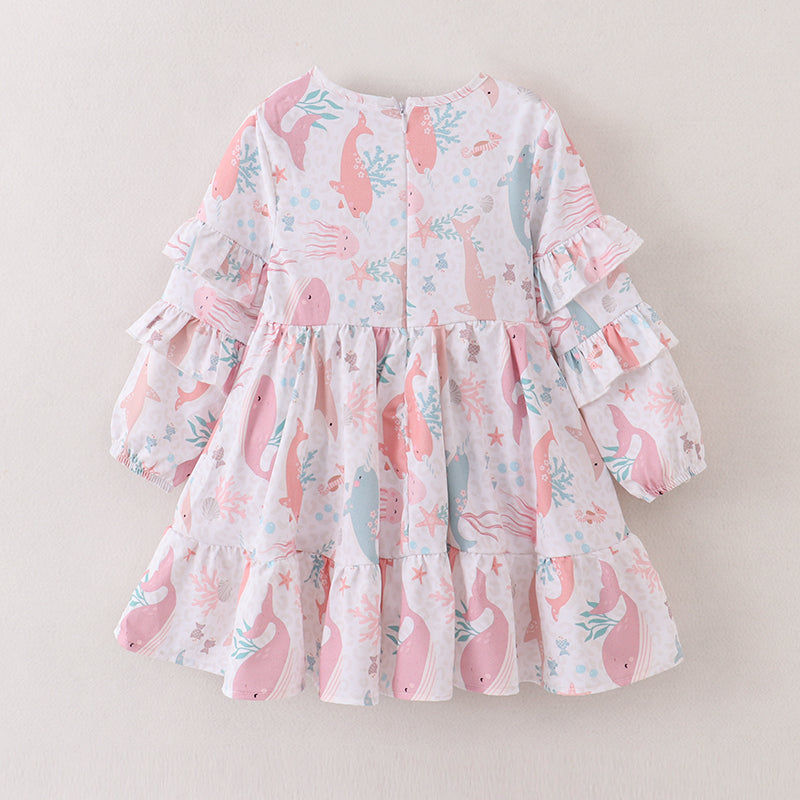 (In Stock E21-1-3)Fall Girls Color Sea World Ruffles Chiffon Dress