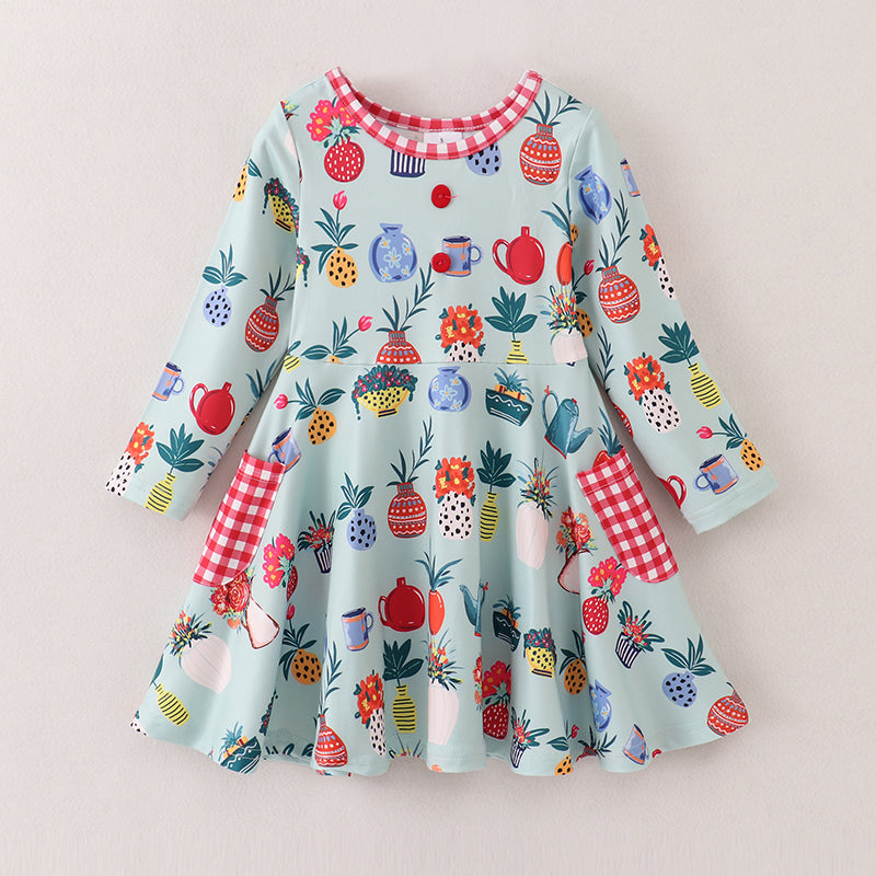 (In Stock E03-03-03)Girls Fall Floral Plaid Pocket Dress