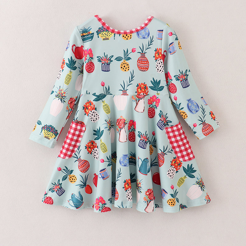 (In Stock E03-03-03)Girls Fall Floral Plaid Pocket Dress