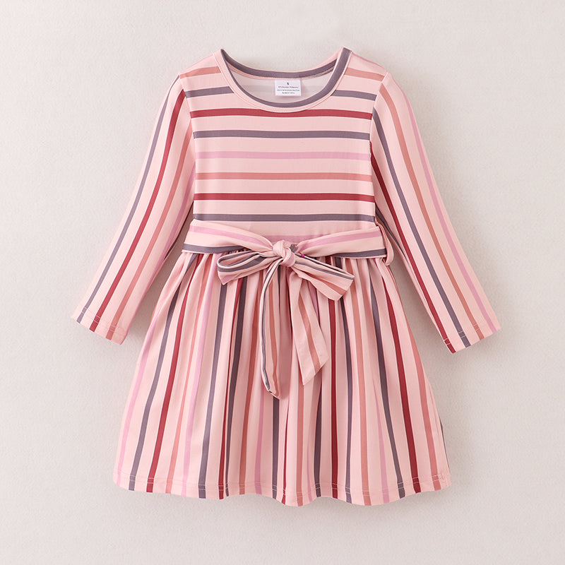 (In Stock E33-3-2)Fall Mommy & Me Stripe Belt Milk Silk Dress