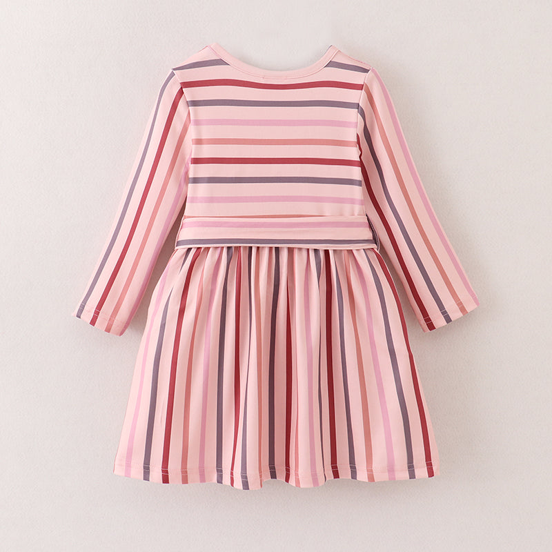 (In Stock E33-3-2)Fall Mommy & Me Stripe Belt Milk Silk Dress