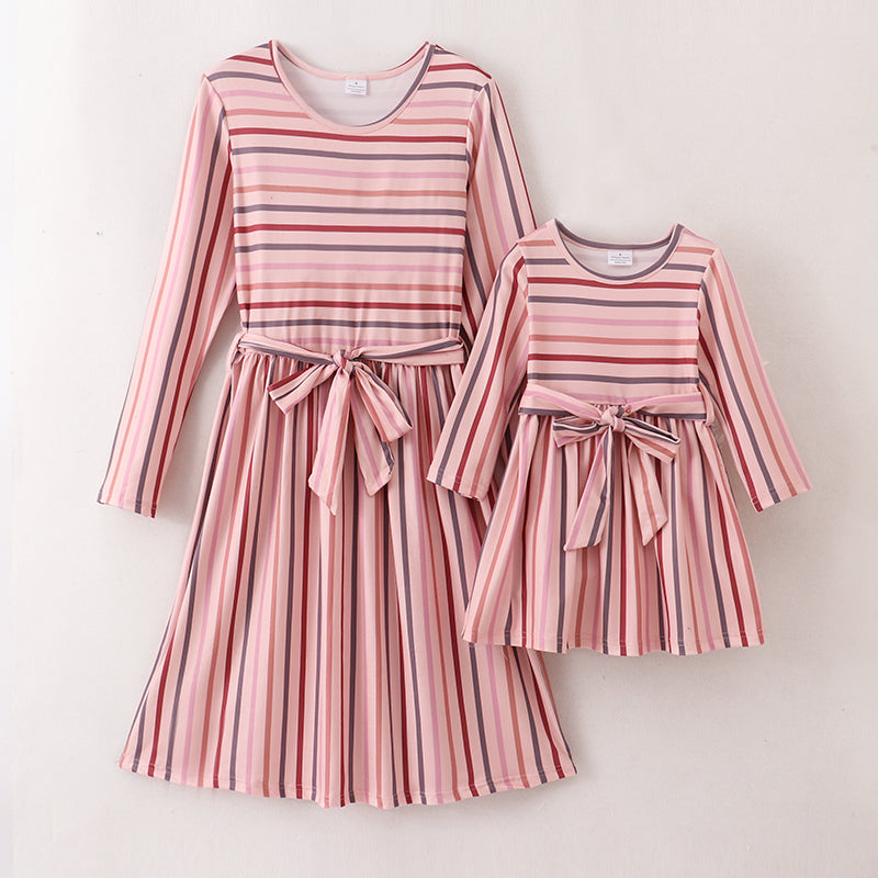 (In Stock E33-3-2)Fall Mommy & Me Stripe Belt Milk Silk Dress