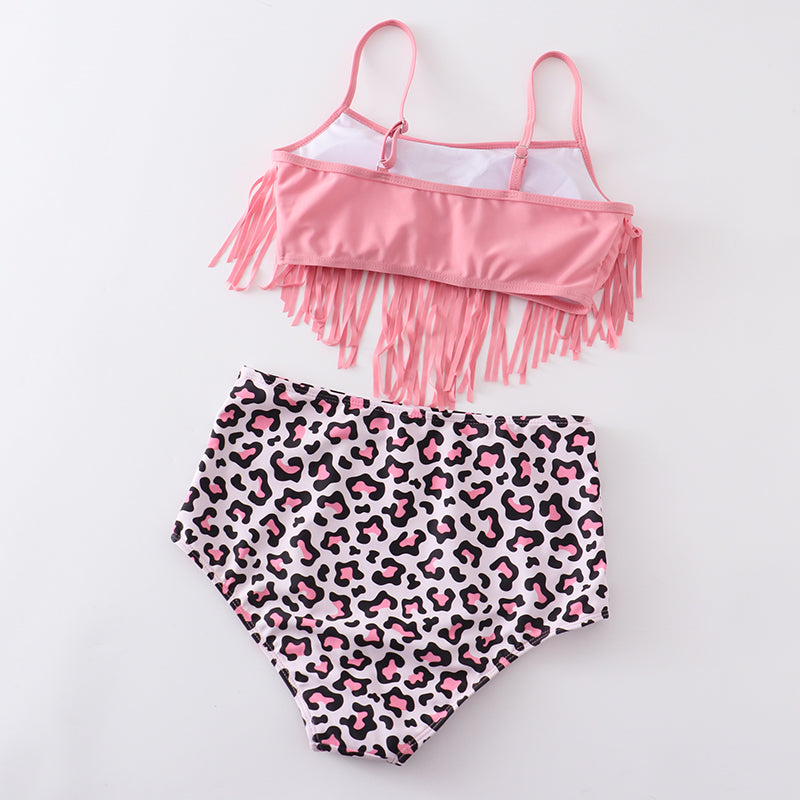 Girls Coral Leopard Tassel 2 Piece Swimsuits