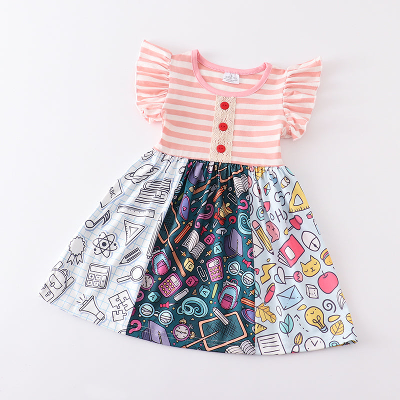 (In Stock E11-04-02)Stripe Stationery Print Ruffles Dress