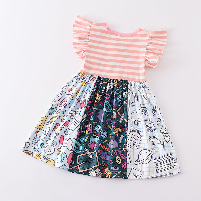 (In Stock E11-04-02)Stripe Stationery Print Ruffles Dress