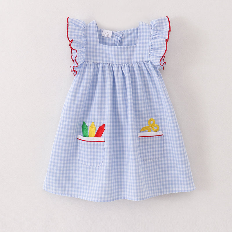 (In Stock E10-04-02)Blue Plaid Crayon Embroidery Pocket Cotton Dress