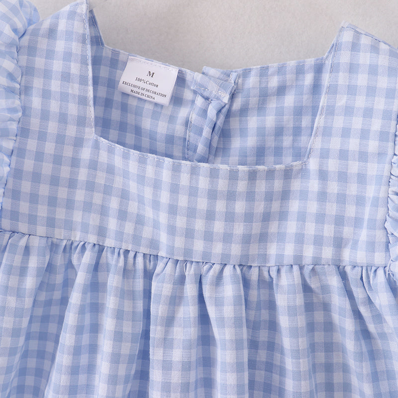 (In Stock E10-04-02)Blue Plaid Crayon Embroidery Pocket Cotton Dress