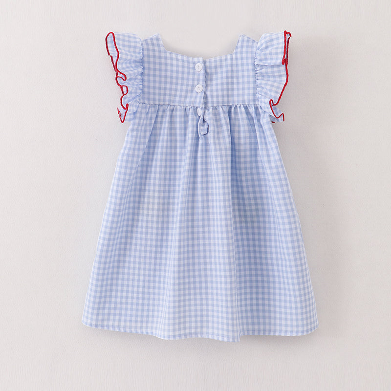 (In Stock E10-04-02)Blue Plaid Crayon Embroidery Pocket Cotton Dress