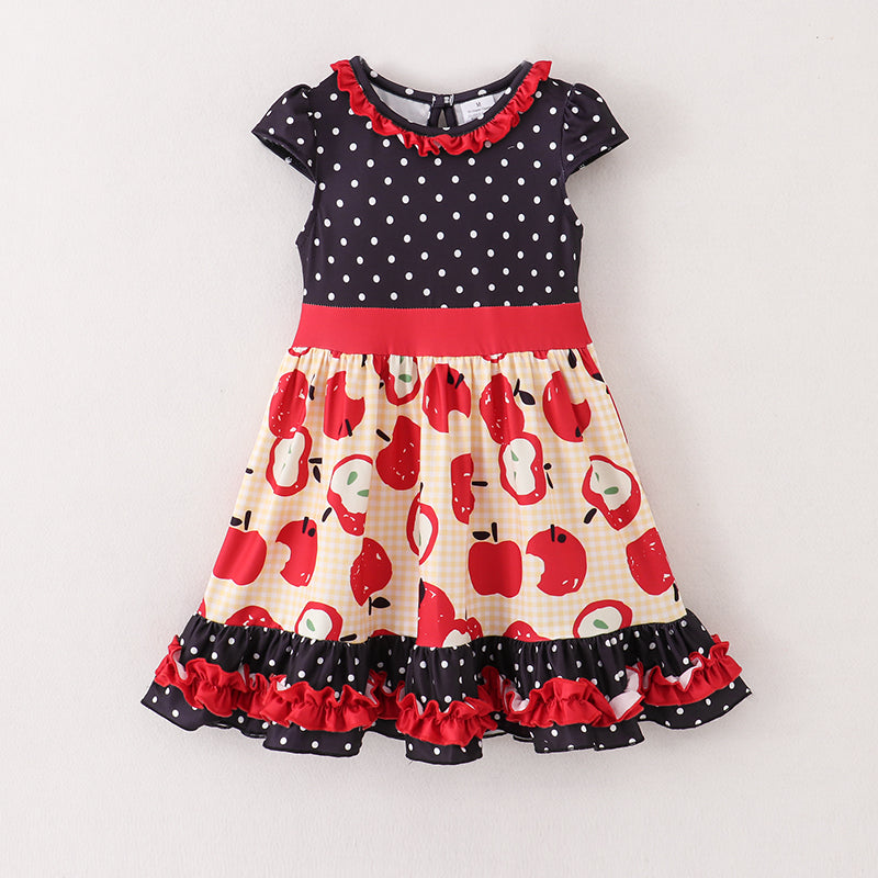 (In Stock E11-04-02)Black Dots Apple Print Ruffles Dress