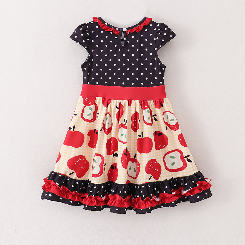 (In Stock E11-04-02)Black Dots Apple Print Ruffles Dress