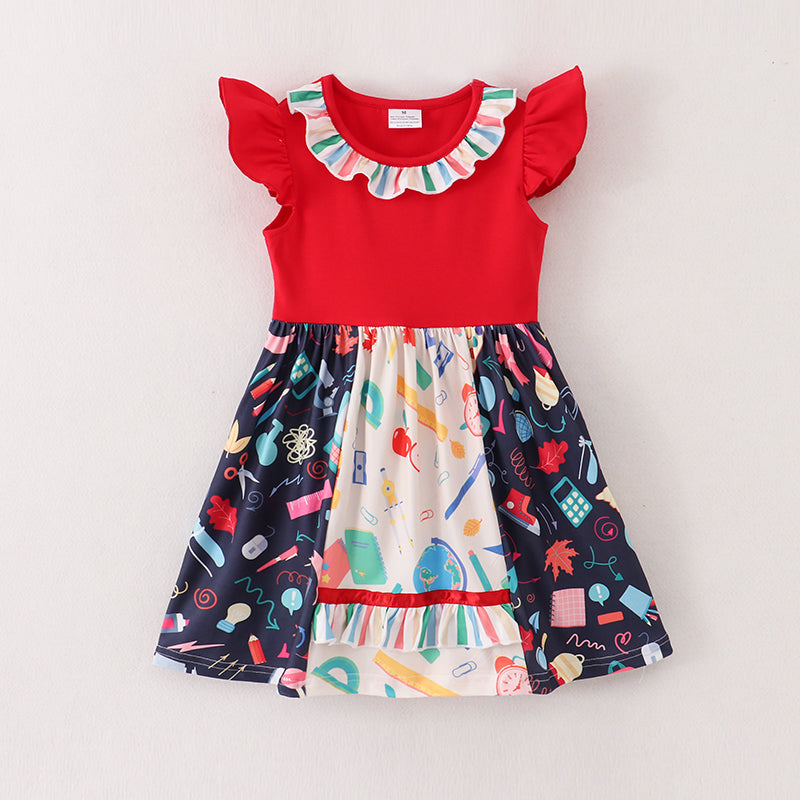 (In Stock E10-02-02)Red Back To School Print Girls Dress