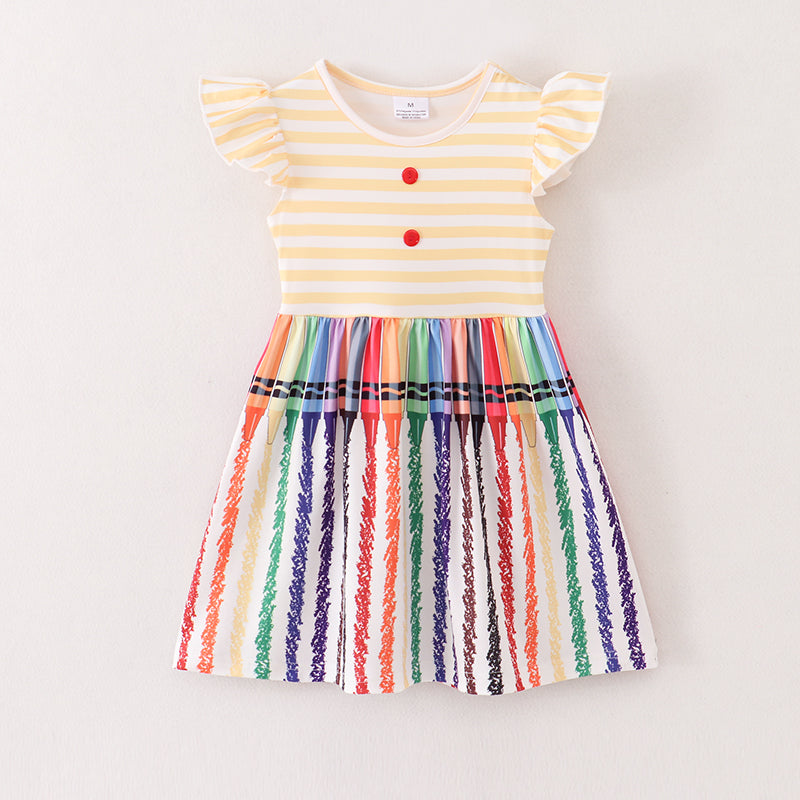 (In Stock E11-01-03)Yellow Stripe Crayon Print Ruffles Dress