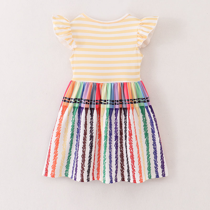 (In Stock E11-01-03)Yellow Stripe Crayon Print Ruffles Dress