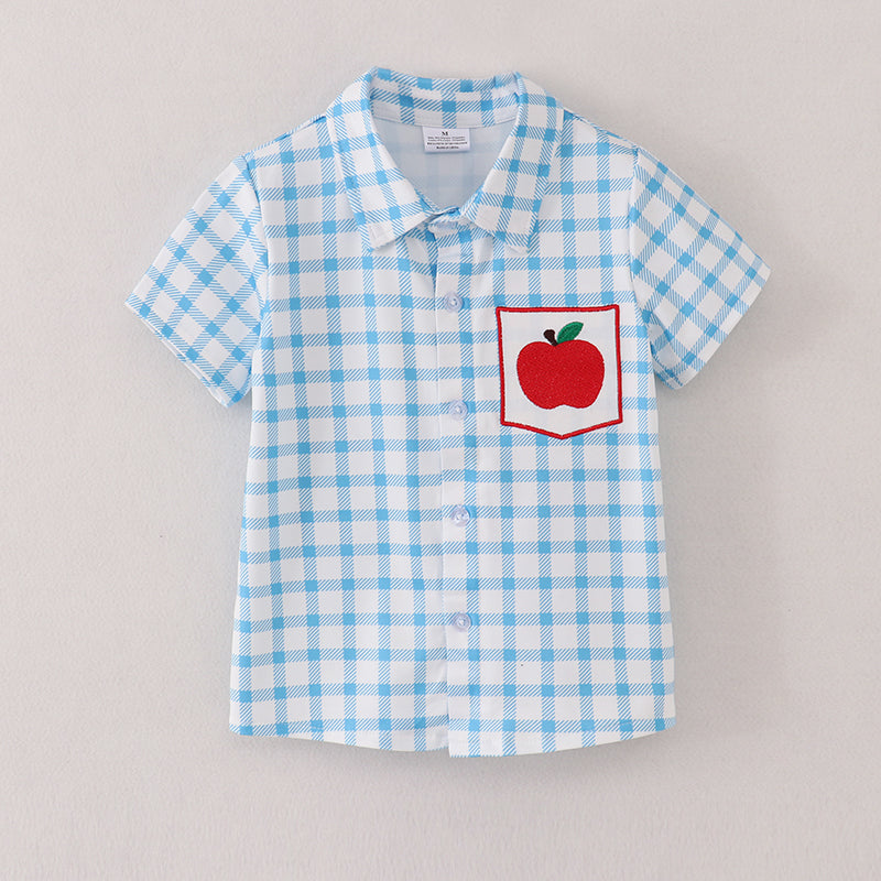 (In Stock E11-02-02)Blue White Plaid Apple Embroidery Button Up Shirt