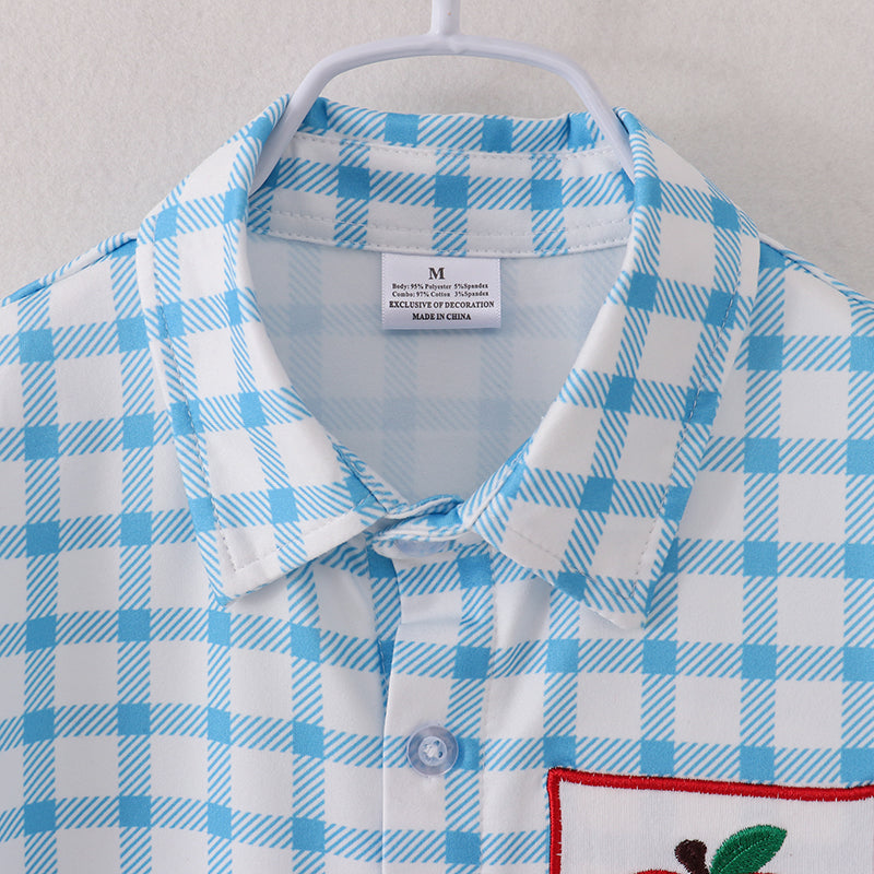 (In Stock E11-02-02)Blue White Plaid Apple Embroidery Button Up Shirt