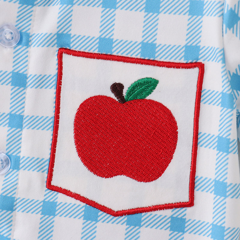 (In Stock E11-02-02)Blue White Plaid Apple Embroidery Button Up Shirt