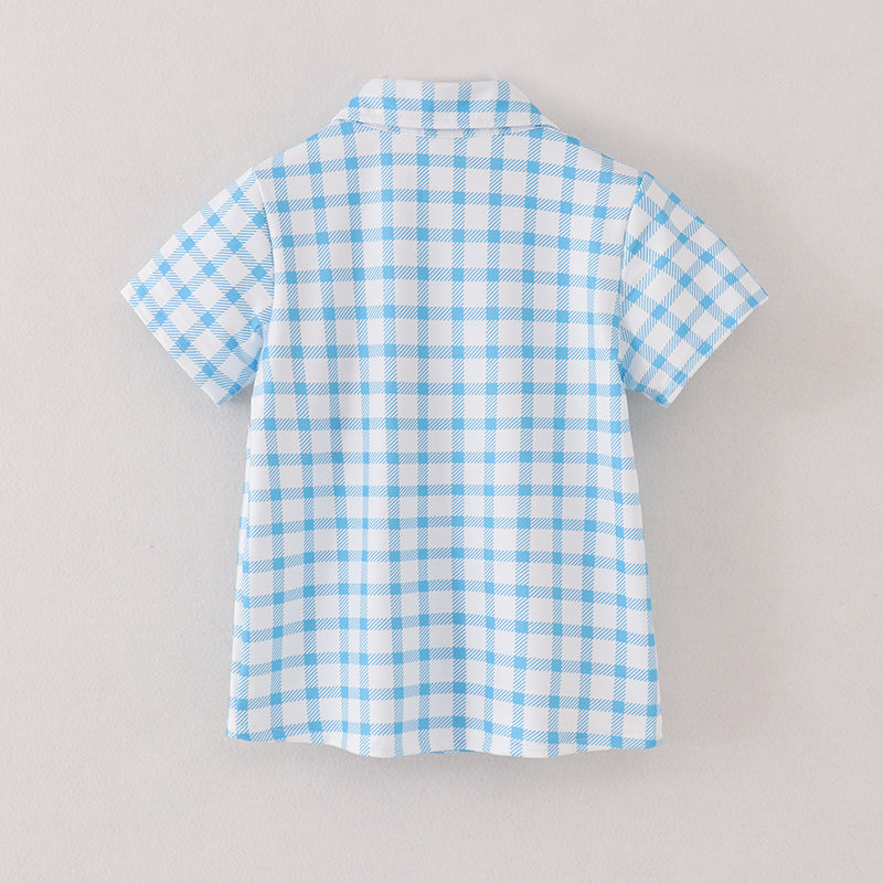 (In Stock E11-02-02)Blue White Plaid Apple Embroidery Button Up Shirt