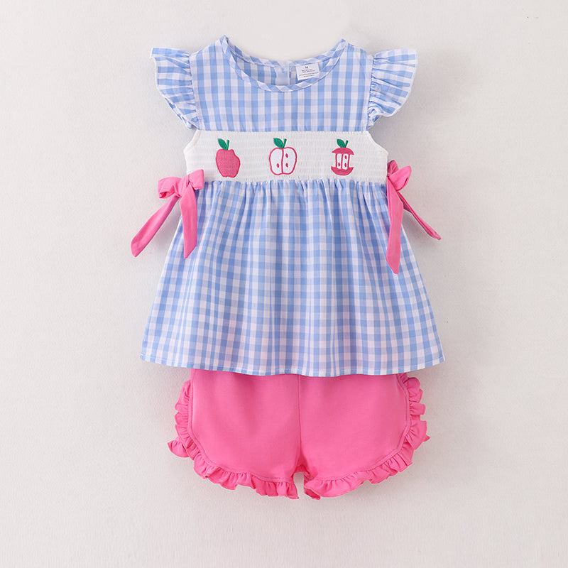 (In Stock E10-03-03)Blue Plaid Apple Smocked Back To School Girls Short Set