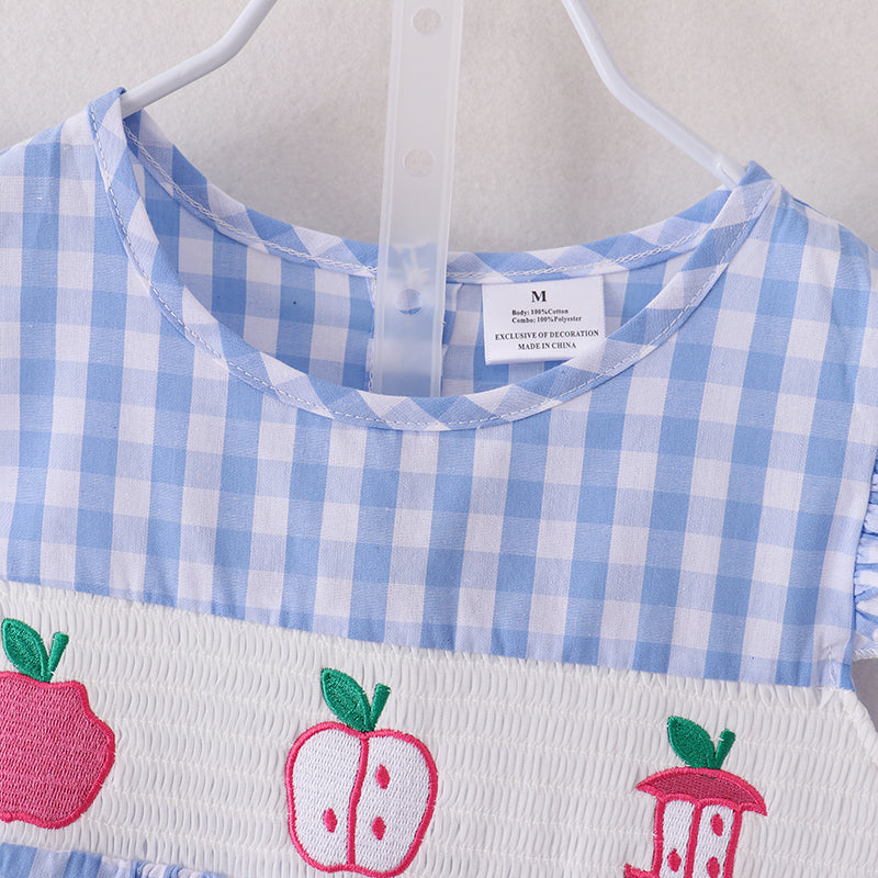 (In Stock E10-03-03)Blue Plaid Apple Smocked Back To School Girls Short Set