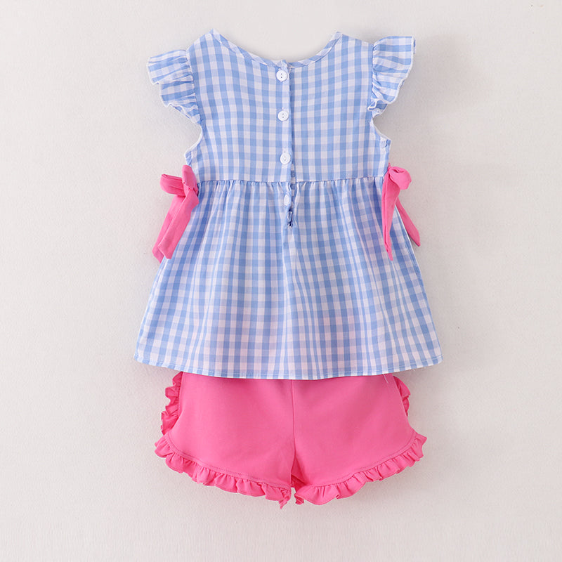 (In Stock E10-03-03)Blue Plaid Apple Smocked Back To School Girls Short Set