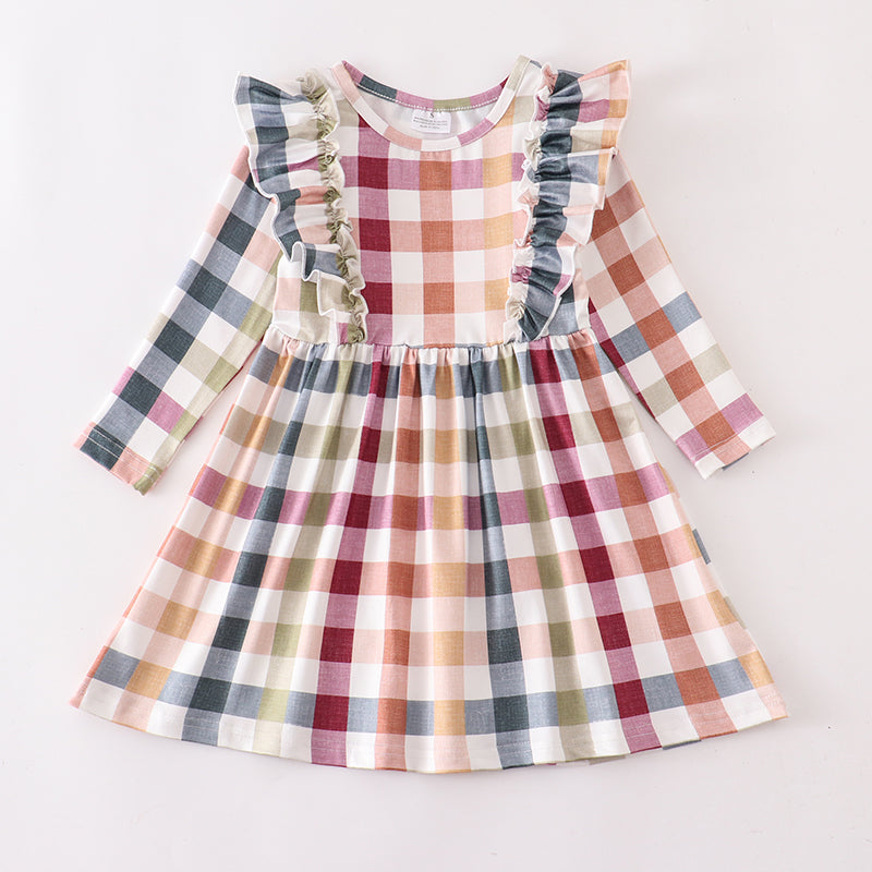 (In Stock E03-01-01 E03-01-02)Girls Thanksgiving Plaid Ruffles Dress