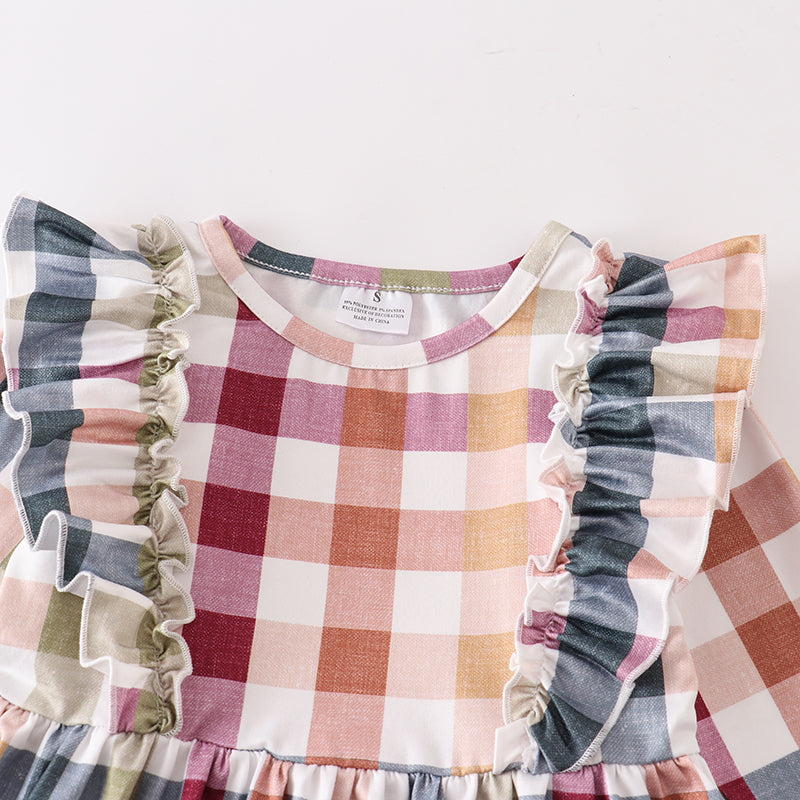 (In Stock E03-01-01 E03-01-02)Girls Thanksgiving Plaid Ruffles Dress