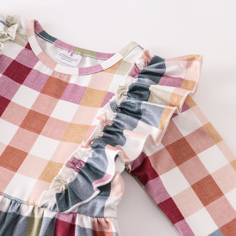 (In Stock E03-01-01 E03-01-02)Girls Thanksgiving Plaid Ruffles Dress