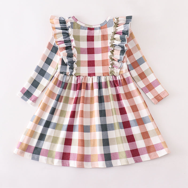 (In Stock E03-01-01 E03-01-02)Girls Thanksgiving Plaid Ruffles Dress