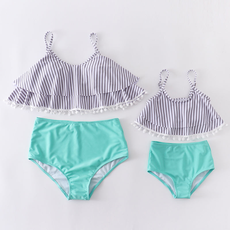 Mommy & Me Mint Stripe Pom-pom 2 Pieces Swimsuit