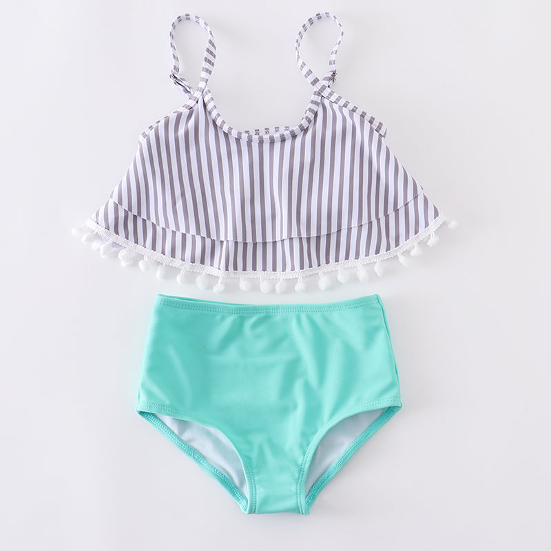 Mommy & Me Mint Stripe Pom-pom 2 Pieces Swimsuit