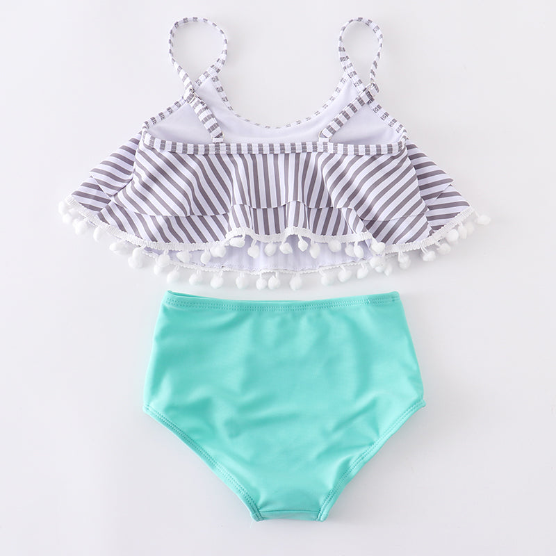 Mommy & Me Mint Stripe Pom-pom 2 Pieces Swimsuit