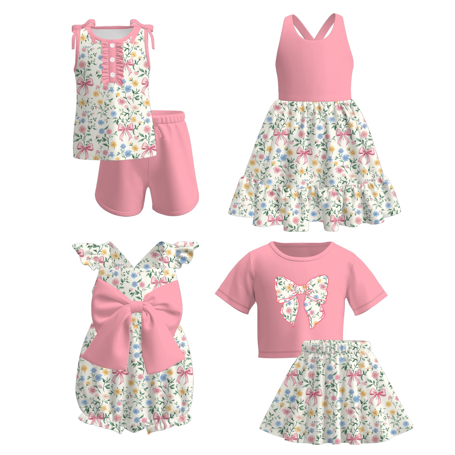 （Pre Order）Sisters Spring and Summer Bow Print Dress,Romper and Set