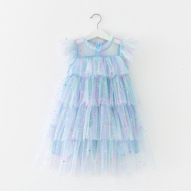 （Pre Order）Girls' Rainbow Star Sequin Tulle Puff Sleeve Dress