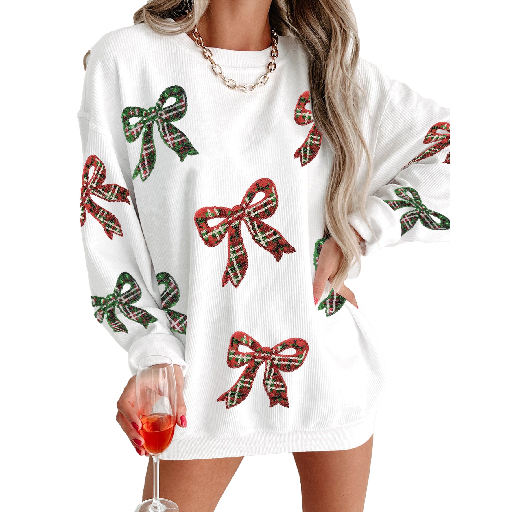 （Pre Order）Adults Christmas Bow Sequin Corduroy Sweatshirt