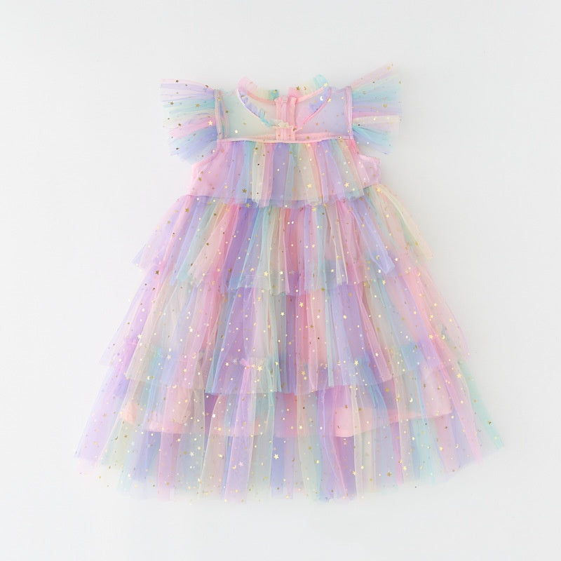 （Pre Order）Girls' Rainbow Star Sequin Tulle Puff Sleeve Dress