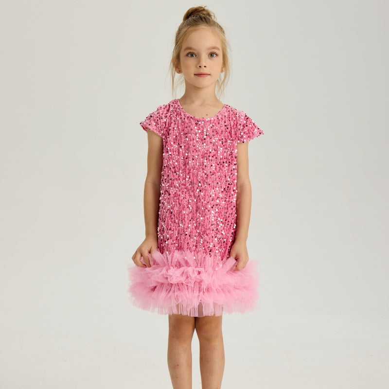 (PRE-ORDER)GIRLS VELVET SEQUINS RUFFLES DRESS