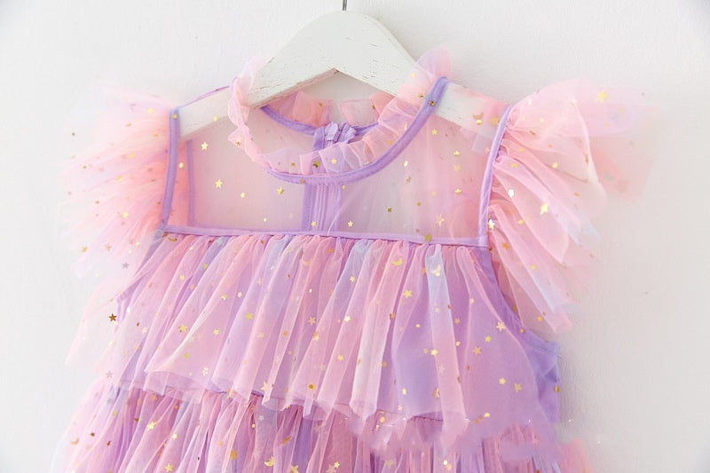 （Pre Order）Girls' Rainbow Star Sequin Tulle Puff Sleeve Dress