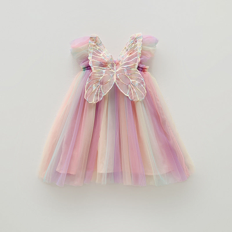 (Pre Order)Girls Rainbow Wing Mesh Flutter Sleeve Dress