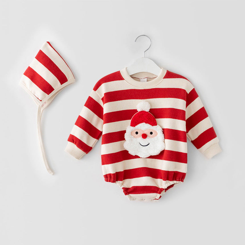 （Pre Order）Kids Christmas Applique Stripe Heart Romper Set with Hat