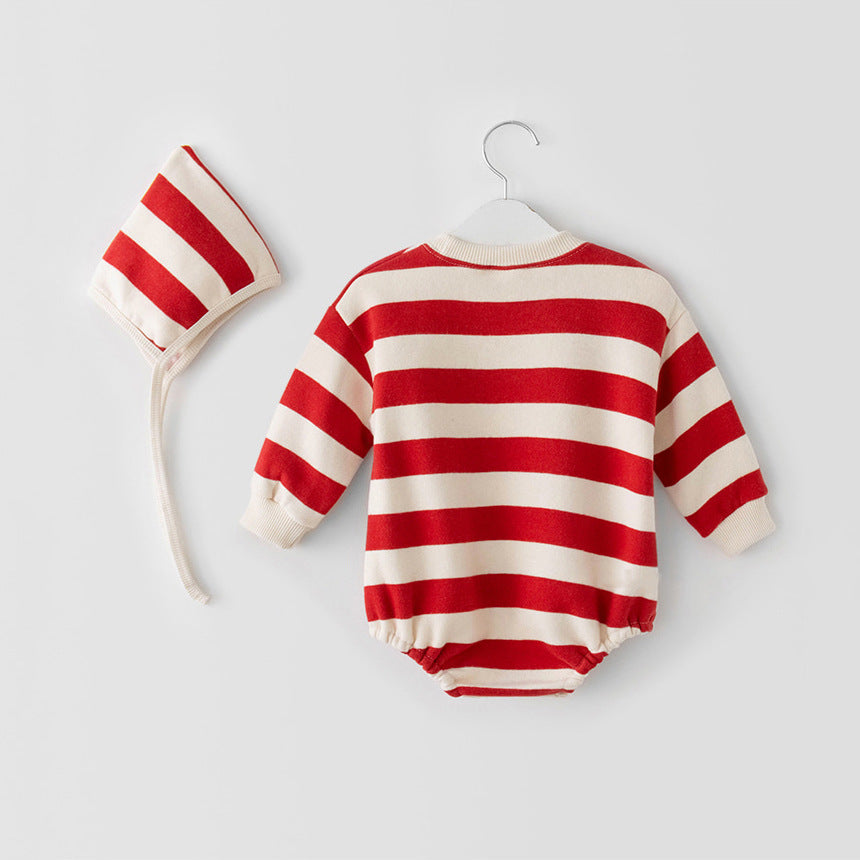 （Pre Order）Kids Christmas Applique Stripe Heart Romper Set with Hat