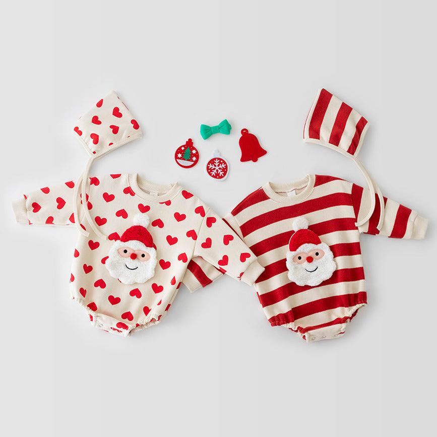 （Pre Order）Kids Christmas Applique Stripe Heart Romper Set with Hat