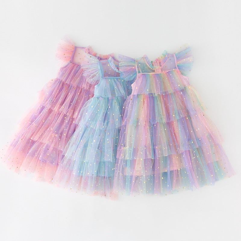 （Pre Order）Girls' Rainbow Star Sequin Tulle Puff Sleeve Dress