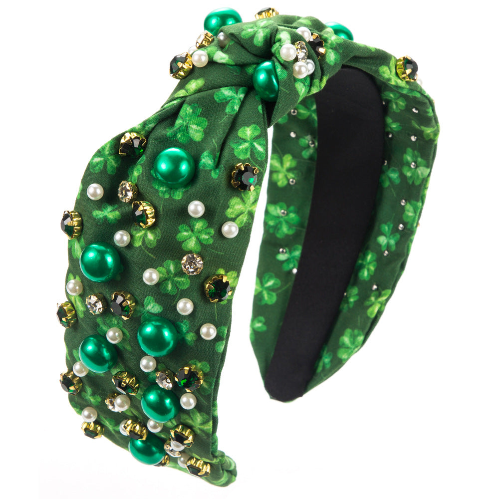 （Pre Order）Stylish St.Patrick's Day Shamrock Pearl Rhinestone Headband